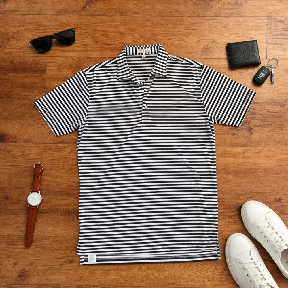 Peter Millar Summer Comfort Black & White Striped Polo - Size M - Performance - Picture 1 of 6